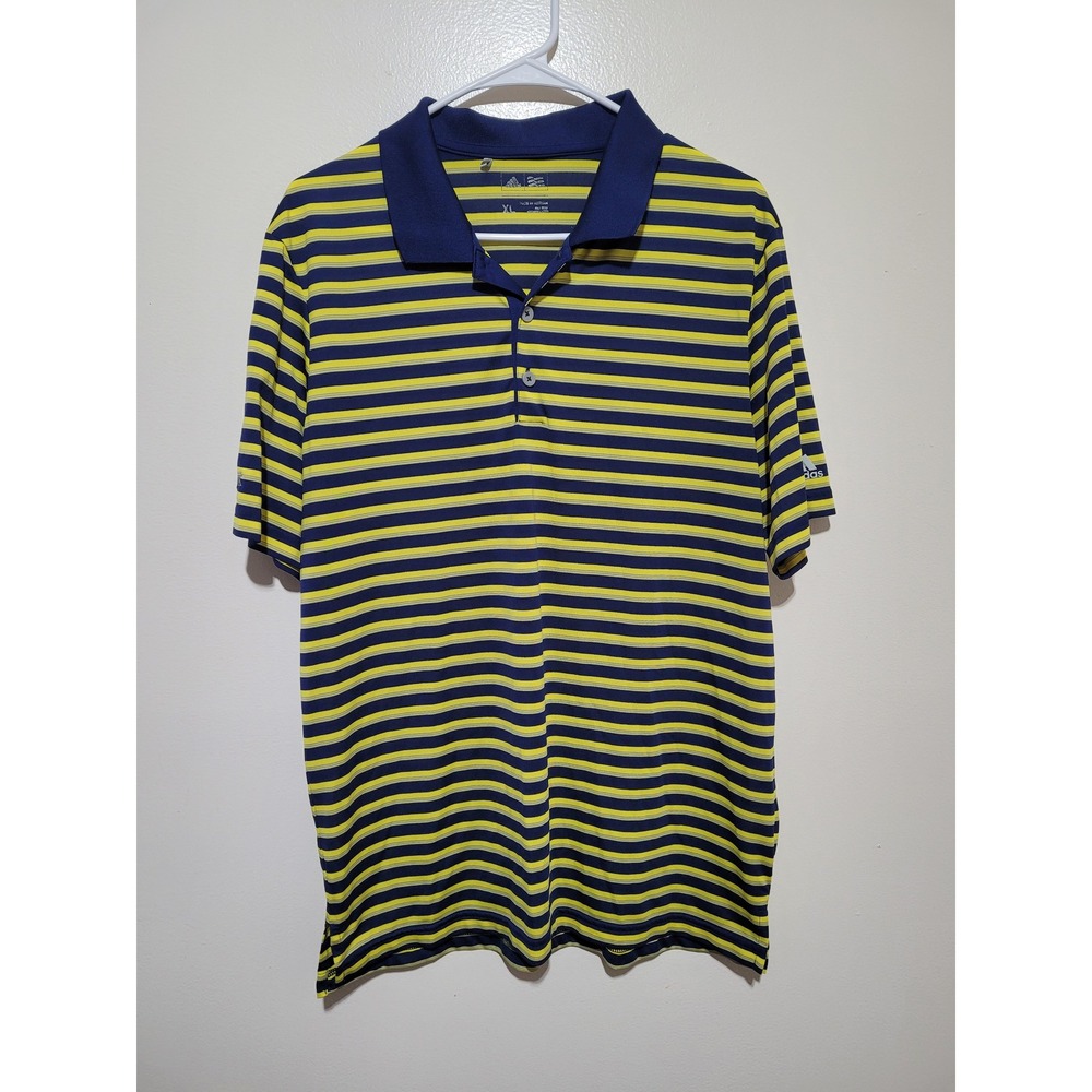 Adidas Golf Polo Shirt Mens XL Navy Blue Yellow Striped Short Sleeve